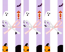 紫の夜空におばけやかぼちゃを描いた、コミカルなハロウィンの無料短冊熨斗紙テンプレート