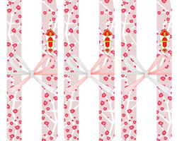 くすみピンク背景に梅の花を描いた、大人可愛い系の寒中見舞いの無料短冊熨斗紙テンプレート