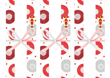 紅白カラーの和傘アイコンを描いた、和風でおめでたいお歳暮向け無料短冊熨斗紙テンプレート