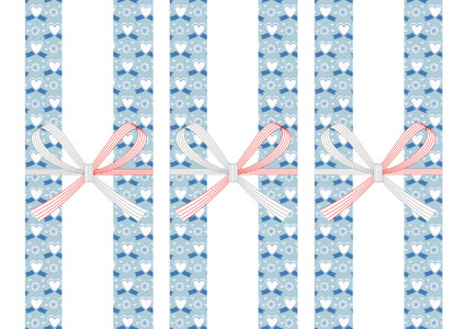 リボン付きハートのイラストを背景に敷き詰めた、ホワイトデー用の無料の短冊熨斗紙テンプレート