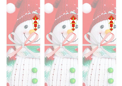 クリスマスプレゼントやプチギフトに最適。ニット帽とマフラーを着けた雪だるまを描いた、赤い背景が印象的なクリスマス短冊熨斗紙テンプレート
