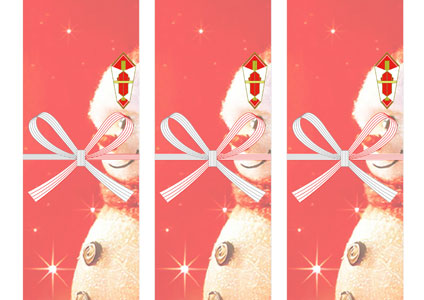 赤い背景に微笑む雪だるまを描いた、あたたかく可愛い雰囲気のクリスマスの無料の短冊熨斗紙テンプレート