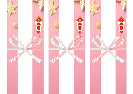 クリスマスプレゼントに使える、ピンク背景に金色の雪の結晶と星が映える無料の短冊熨斗紙テンプレート