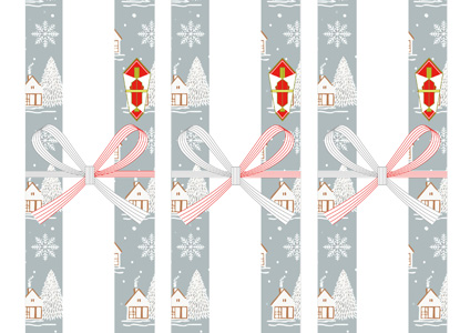 くすみグレーに雪景色や家の模様を並べた、北欧風デザインの無料クリスマス短冊熨斗紙テンプレート