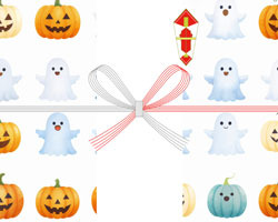 かぼちゃとおばけを散りばめた、ポップな雰囲気が特徴のハロウィン用の無料のし紙テンプレート