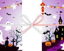 紫の夜空におばけやこうもり、かぼちゃやお城を描いたにぎやかな雰囲気のハロウィン用の無料のし紙テンプレート