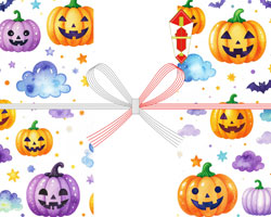 白背景にオレンジと紫のジャックオランタンを散りばめた、ポップなハロウィンの無料のし紙テンプレート