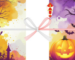 水彩のオレンジと紫にジャックオランタンと墓場を描いた、無料のハロウィン向けのし紙テンプレート