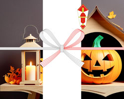 木の小屋にジャック・オ・ランタンとキャンドルを描いた落ち着いた雰囲気のハロウィン向け無料のし紙テンプレート