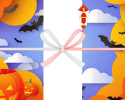 立体感あるかぼちゃとコウモリを描いた、夜空が映えるハロウィンの無料のし紙テンプレート