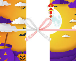 紫の魔法の鍋と満月を描いた、賑やかな雰囲気のハロウィンの無料のし紙テンプレート