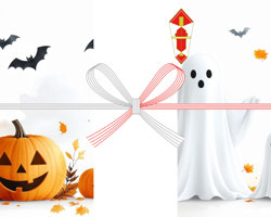 かぼちゃと親子のおばけを描いた、秋らしく楽しい雰囲気のハロウィン無料のし紙テンプレート