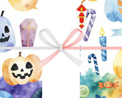 水彩風のカラフルなかぼちゃやキャンディ、棺桶を描いた可愛い無料のハロウィンのし紙テンプレート