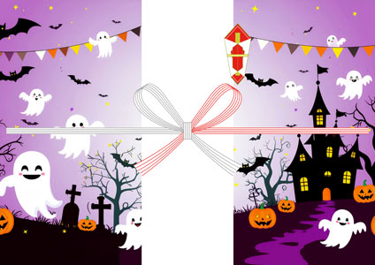 紫の夜空におばけやこうもり、かぼちゃやお城を描いたにぎやかな雰囲気のハロウィン用の無料のし紙テンプレート