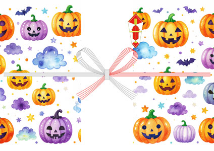 白背景にオレンジと紫のジャックオランタンを散りばめた、ポップなハロウィンの無料のし紙テンプレート
