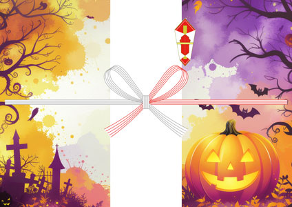 水彩のオレンジと紫にジャックオランタンと墓場を描いた、無料のハロウィン向けのし紙テンプレート