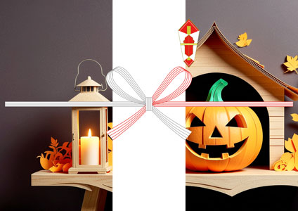 木の小屋にジャック・オ・ランタンとキャンドルを描いた落ち着いた雰囲気のハロウィン向け無料のし紙テンプレート