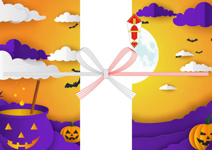 紫の魔法の鍋と満月を描いた、賑やかな雰囲気のハロウィンの無料のし紙テンプレート