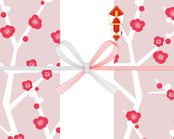 ピンク背景に梅の花を描いた、親しみやすいデザインの寒中見舞いの無料のし紙テンプレート
