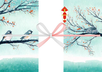 雪景色と木の枝にとまる小鳥を描いた、寒中見舞いの熨斗紙テンプレート