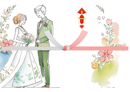 笑顔で見つめ合う新郎新婦を描いた結婚祝いの熨斗紙テンプレート