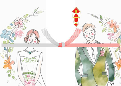 花に囲まれ微笑む新郎新婦を描いた結婚祝いの熨斗紙テンプレート