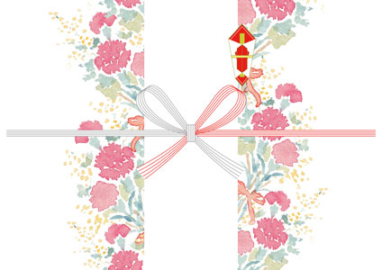 透明水彩で描かれたカーネーションとミモザの花束を両側に配置した、花結びの水引付き母の日用熨斗紙デザイン