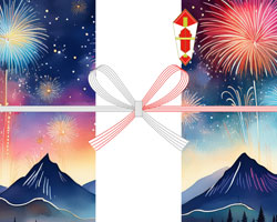 山の夜景と打ち上げ花火を描き、夏の華やかさと幻想的な雰囲気を表現した、無料お中元用のし紙テンプレート