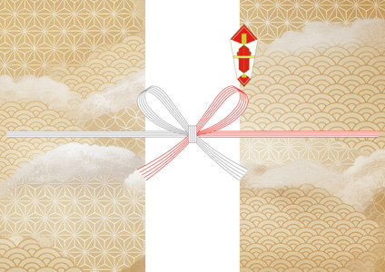 金色の背景に青海波と麻の葉文様を重ねた、和柄デザインのお歳暮の無料のし紙テンプレート