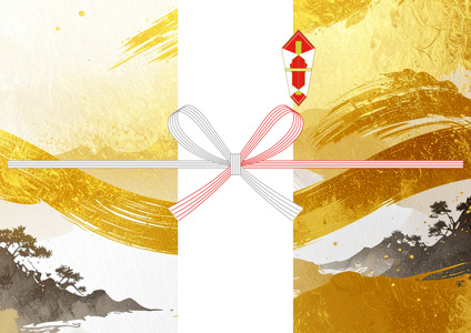 金色を基調にした和風デザインで、日本の景色を描いた豪華なお歳暮向け無料のし紙テンプレート