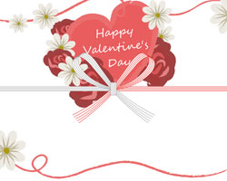 大きなハートにバラの花、白い小花と「Happy Valentine's Day」の文字も添えた、バレンタインらしいデザインの無料のし紙テンプレート