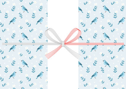 ブルー背景に小鳥と花の総柄パターンを描いた、ホワイトデー用の無料のし紙テンプレート