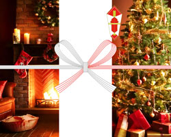 暖炉の灯りとツリーが彩るクラシックな雰囲気のクリスマス無料のし紙テンプレート