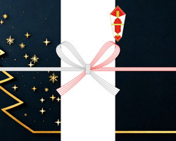 黒地にゴールドラインのツリーと星を散らした、大人向けクリスマスの無料のし紙テンプレート