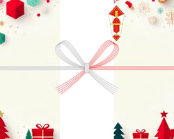 紙の切り抜き風のツリーとプレゼントを並べた、ポップなクリスマスの無料のし紙テンプレート