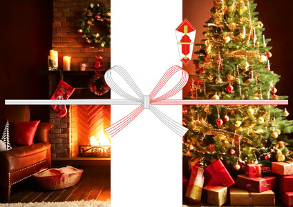 暖炉の灯りとツリーが映える、クラシックな雰囲気のクリスマス無料のし紙テンプレート