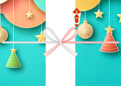 水色をベースにパステルカラーのツリーやオーナメントを描いた、明るくポップな雰囲気のクリスマス無料のし紙テンプレート