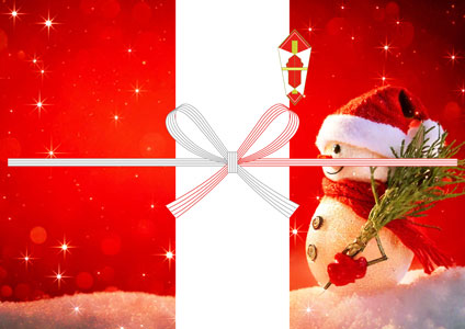 雪の中で微笑む雪だるまを描いた、ほっこり可愛い雰囲気のクリスマス無料のし紙テンプレート