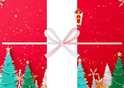 真っ赤な背景にクリスマスツリーと星のキラキラを描いた、クリスマスらしいのし紙の無料テンプレート