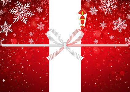 赤いグラデーションに白い雪と雪の結晶が舞う、クリスマス感たっぷりの無料のし紙テンプレート