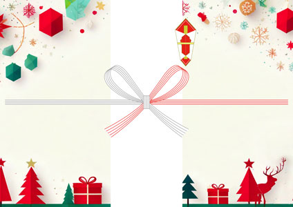 紙の切り抜き風のツリーやプレゼントを並べた、ポップな雰囲気のクリスマス向け無料のし紙テンプレート