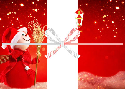 サンタ姿の雪だるまとキラキラ背景が可愛い、クリスマスの無料のし紙テンプレート