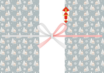 くすみカラーの背景に家とモミの木や雪柄を並べた、北欧風のクリスマスの無料のし紙テンプレート