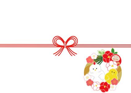 鶏の親子とお正月飾りを描いた、おめでたいデザインの熨斗紙テンプレート