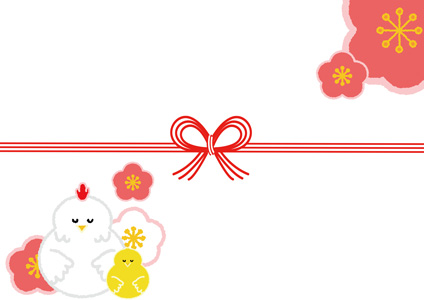 鶏の親子と梅の花を描いた、新年らしい熨斗紙のテンプレート