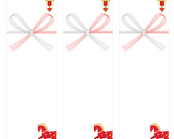 午年の挨拶や贈り物に使える、赤い馬と小花を描いた紅白デザインの無料短冊熨斗紙テンプレート