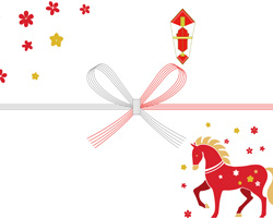 赤い馬と小花のイラストを描き紅白カラーでお正月らしい雰囲気にまとめた、午年向けの無料のし紙テンプレート