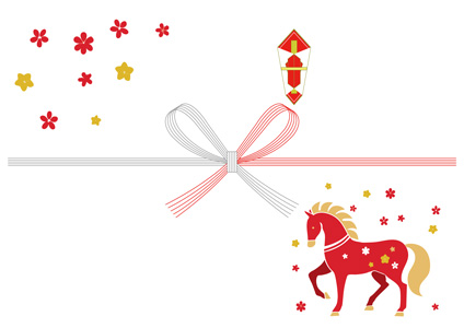 赤い馬と小花のイラストを描き紅白カラーでお正月らしい雰囲気にまとめた、午年向けの無料のし紙テンプレート