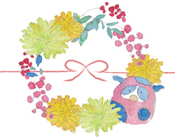 だるま牛と菊の花輪を描いた熨斗紙のテンプレート